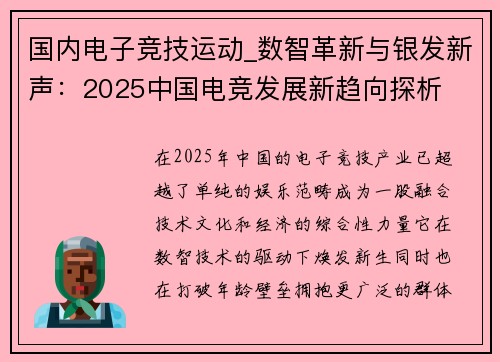 国内电子竞技运动_数智革新与银发新声：2025中国电竞发展新趋向探析